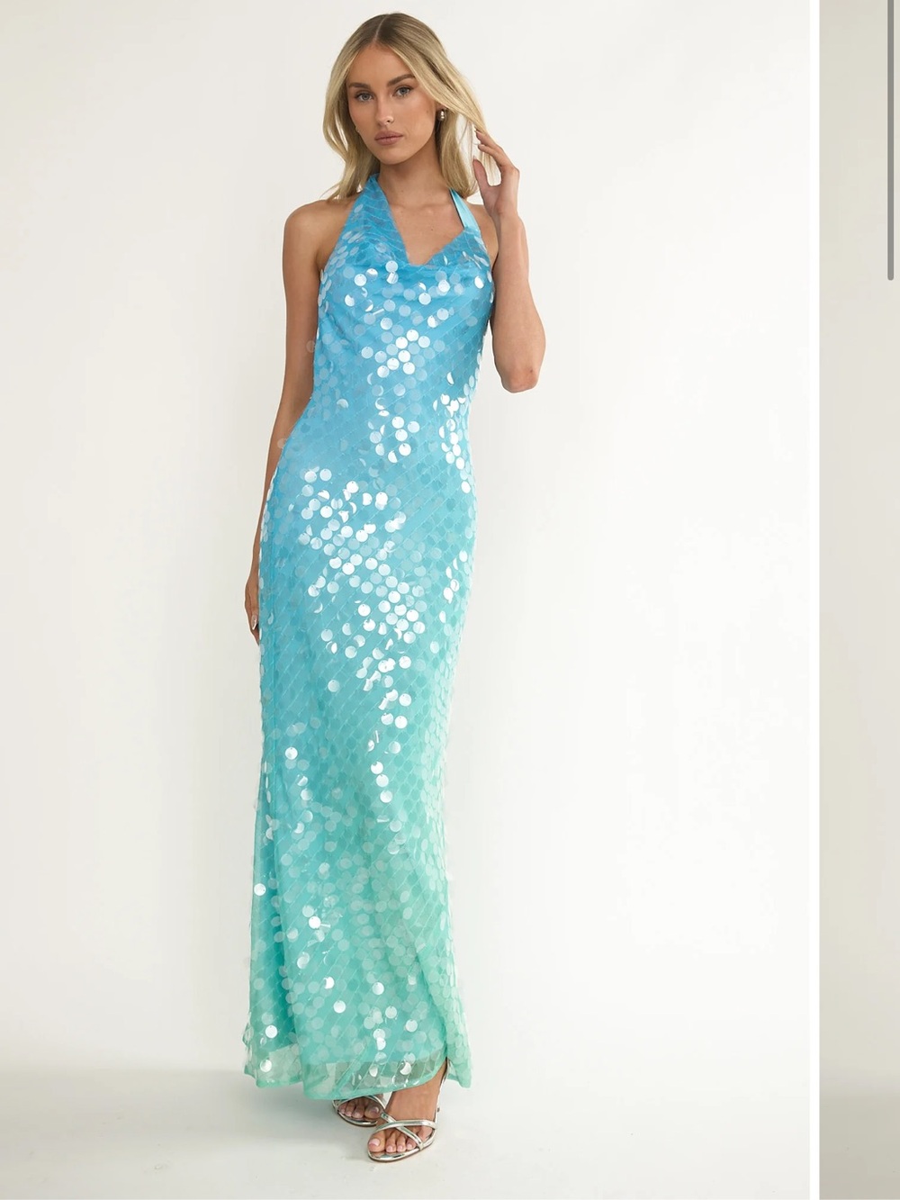 SAINTS & SECRETS Kirralee Asymmetric Halterneck Sequin Maxi Dress Blue Multi